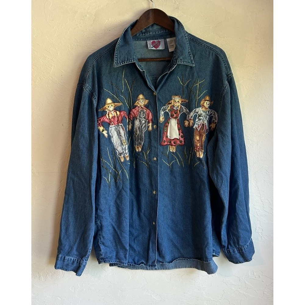 Vintage 90s Keren Hart Denim Button Up Top XXL Scarecrow Novelty Fall Cottage